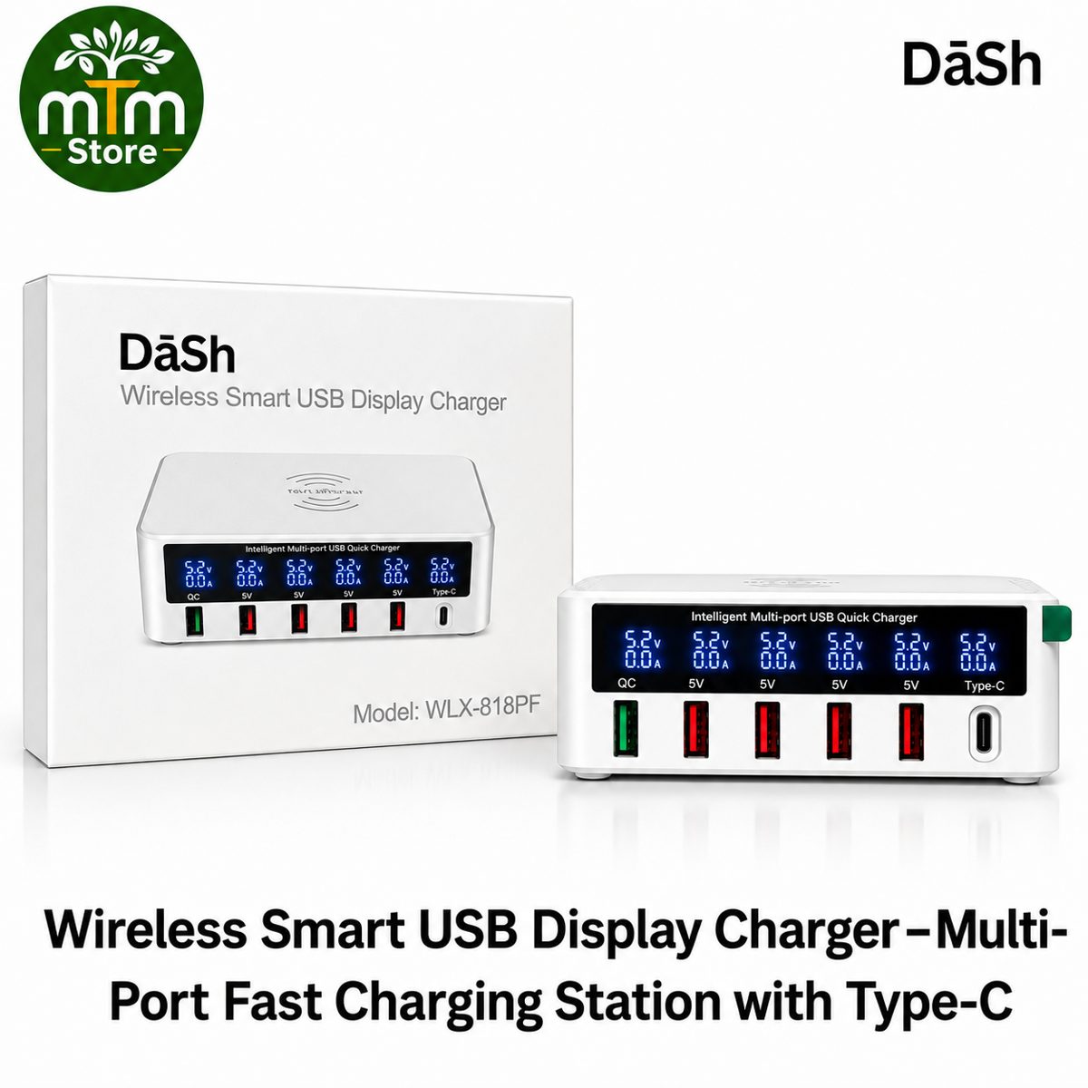 DaSh Wireless Smart USB Display Charger – Multi-Port Fast Charging Station with Type-C