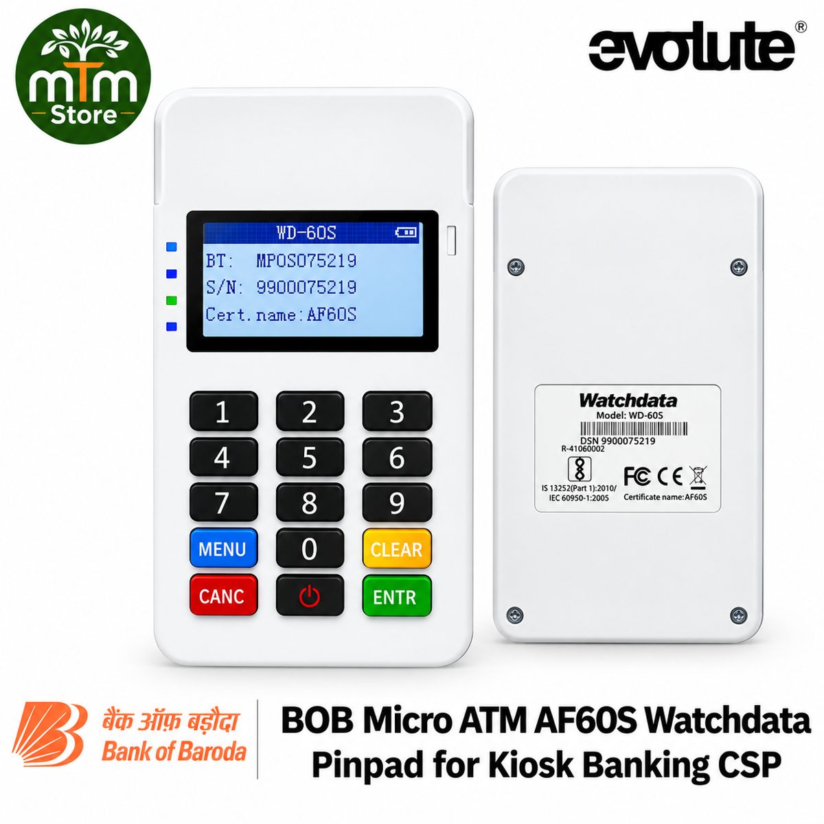Evolute BOB Micro ATM AF60S Watchdata  Pinpad for Kiosk Banking CSP