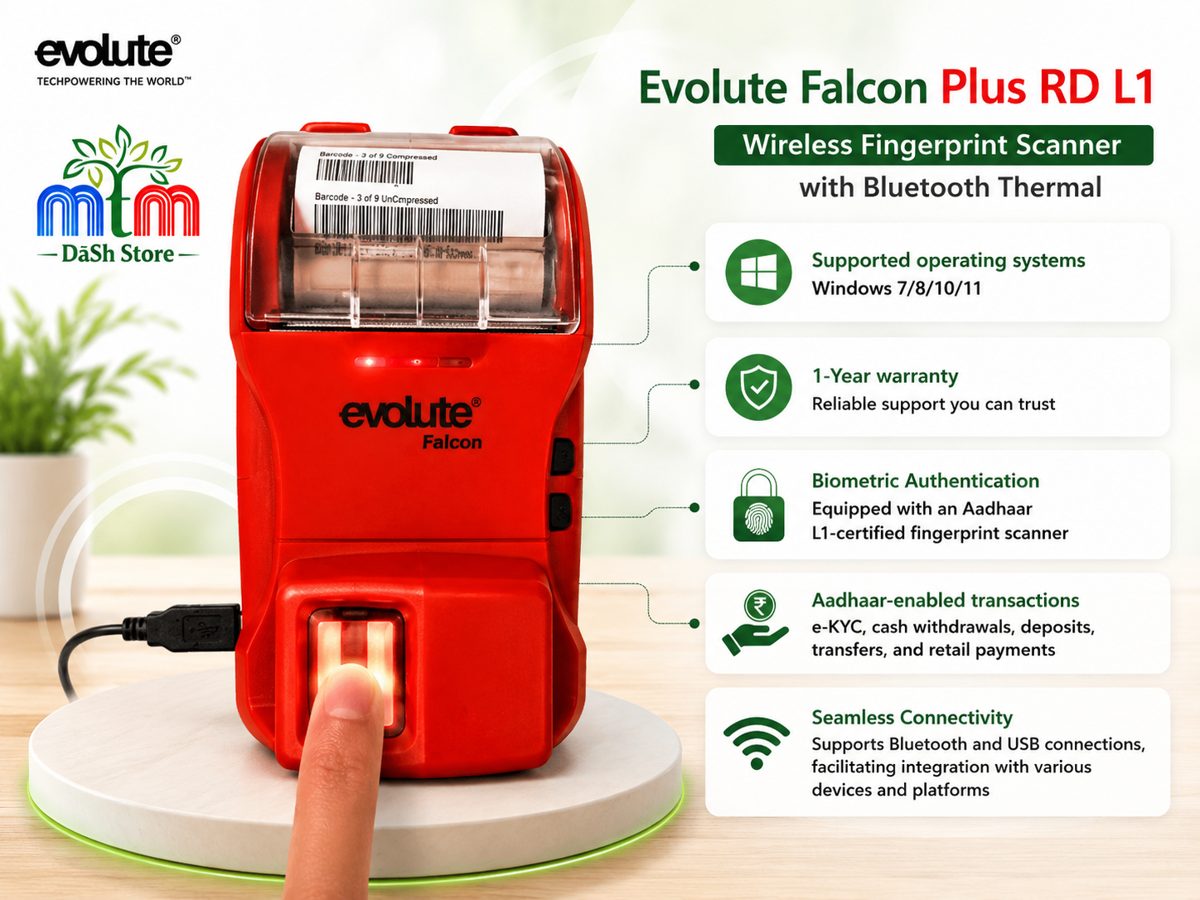 Evolute Falcon L1 Wireless blutooth  Biometric fingerprint Scanner with Integrated Thermal Printer