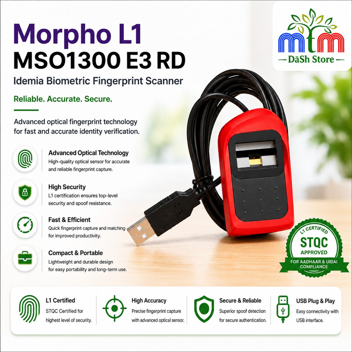 Morpho L1 MSO 1300 E3 IDEMIA Biometric Fingerprint Scanner with RD Service for Aadhar Auth