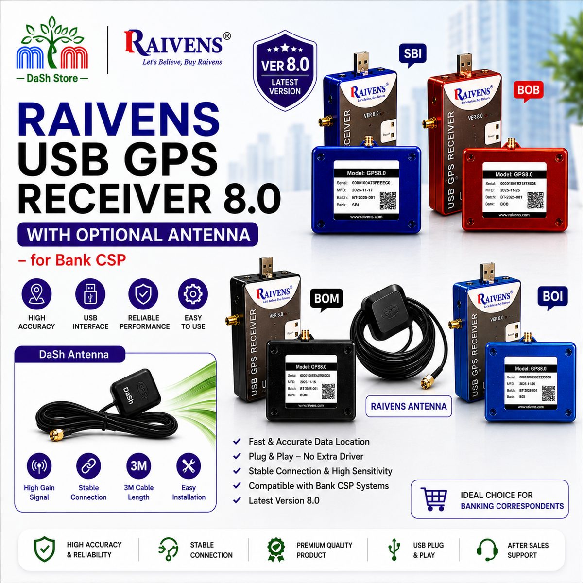 Raivens GPS 8.0 USB Receiver with Antenna
