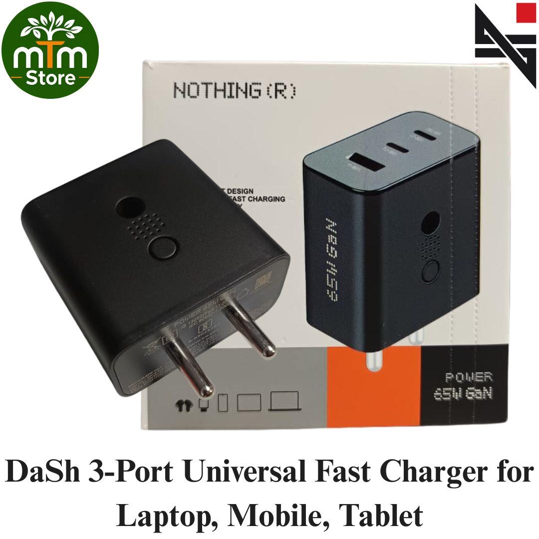 DaSh 65W 3in1 GaN Fast Charger 3-Port USB-C PD + USB-A Universal Charger for Laptop, Mobile & Tablet