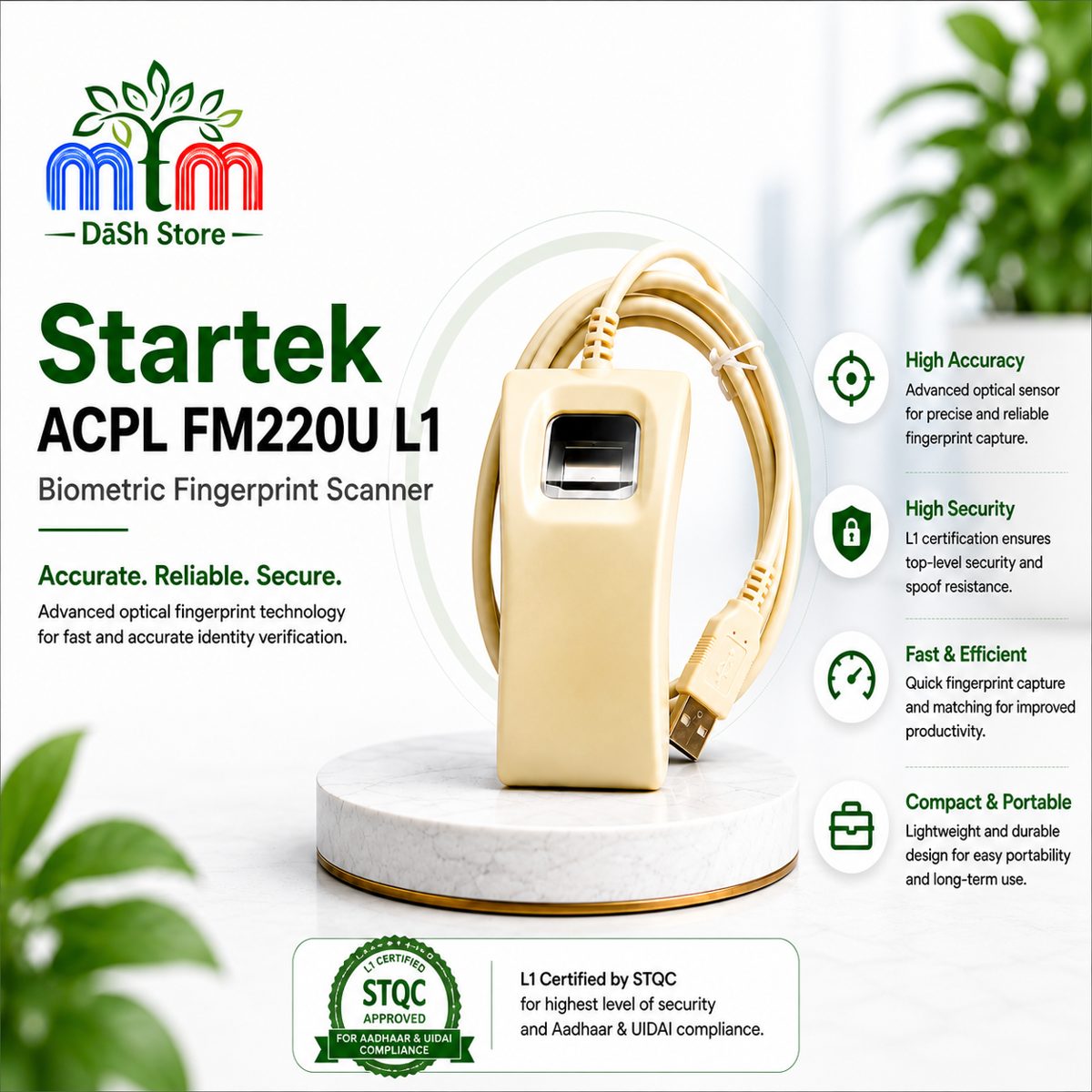 Startek L1 FM220U Access Biometric Fingerprint Scanner | UIDAI & STQC Certified for Aadhaar eKYC 